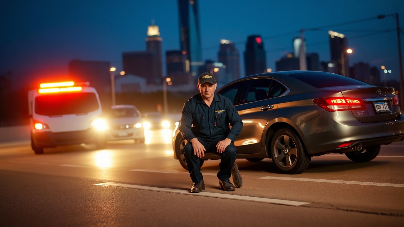 Salazar Roadside Assistance technician repairing a flat tire on a Dallas highway shoulder at dusk
